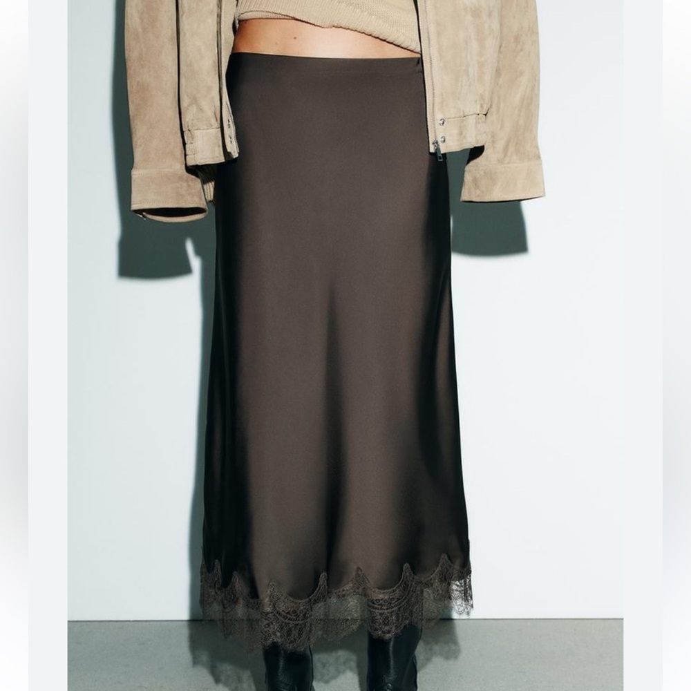 Satin Lace-Hem Midi Skirt in Dark Brown